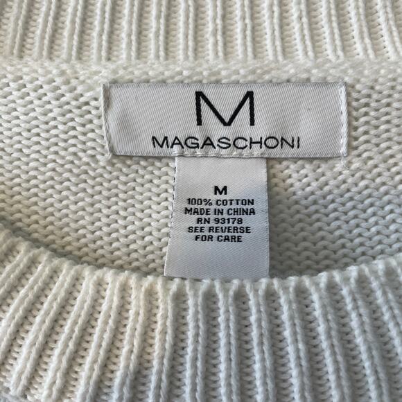 M Magaschoni White Crewneck Skull Front Graphic Sweater Ribbed Sz M 100% Cotton - Picture 5 of 8